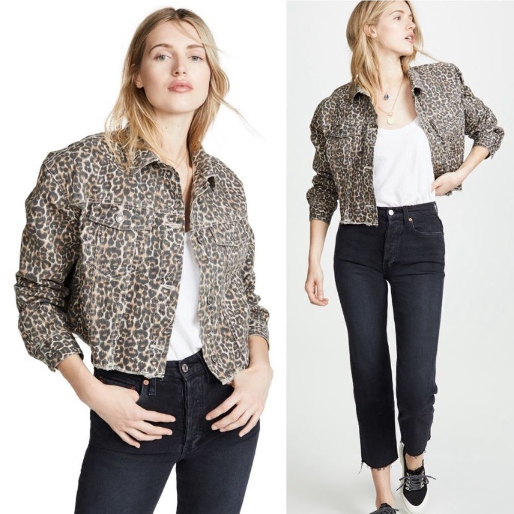 Free People Cropped Cheetah Print Denim Jacket Size M - Picture 2 of 15